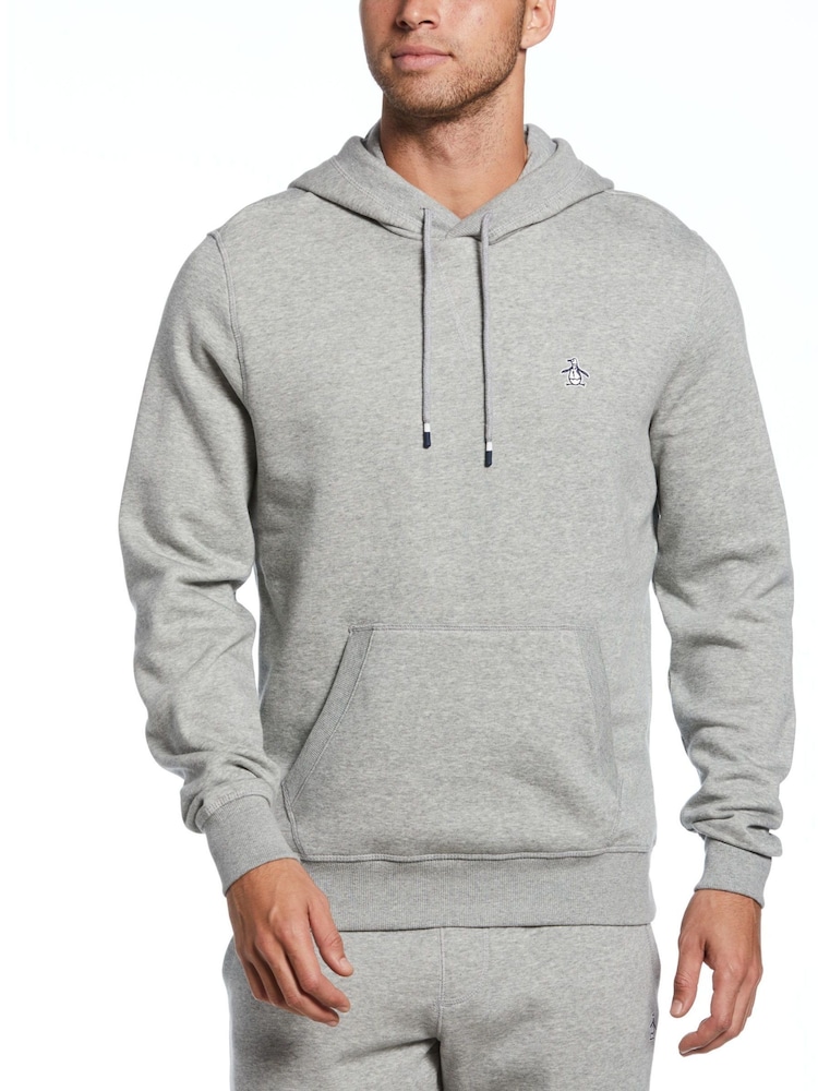 Original Penguin Grey Sticker Pete Fleece Hooded Sweatshirt in Rain Heather - Image 1 of 3