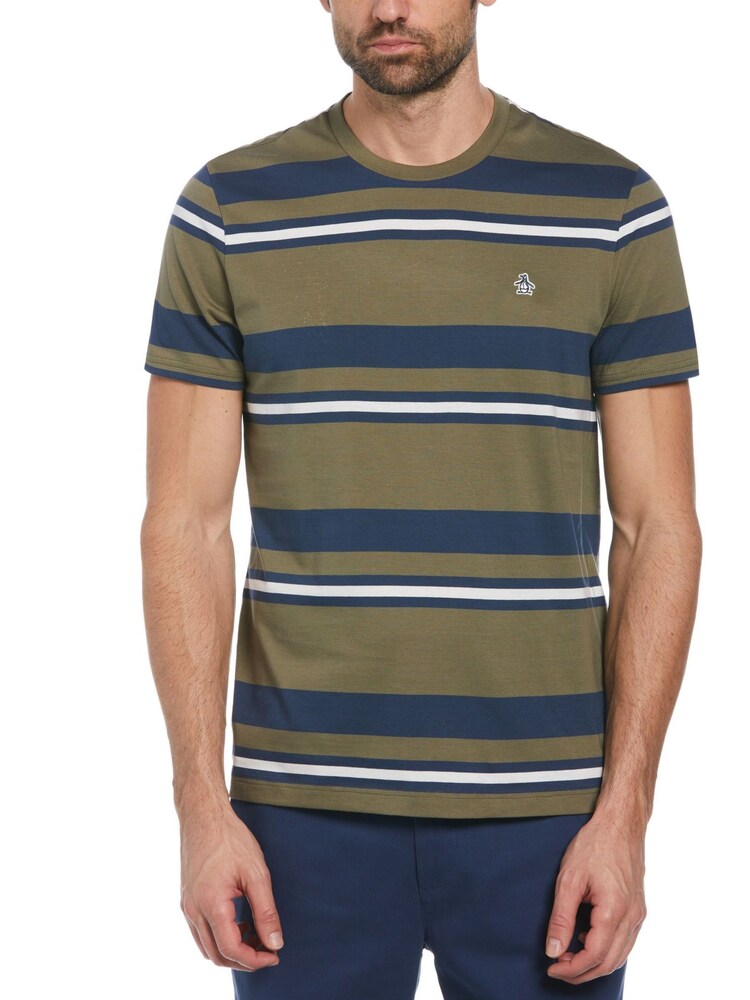 Original Penguin Green Auto Stripe 100% Cotton Jersey T-Shirt in Dusty Olive - Image 1 of 4