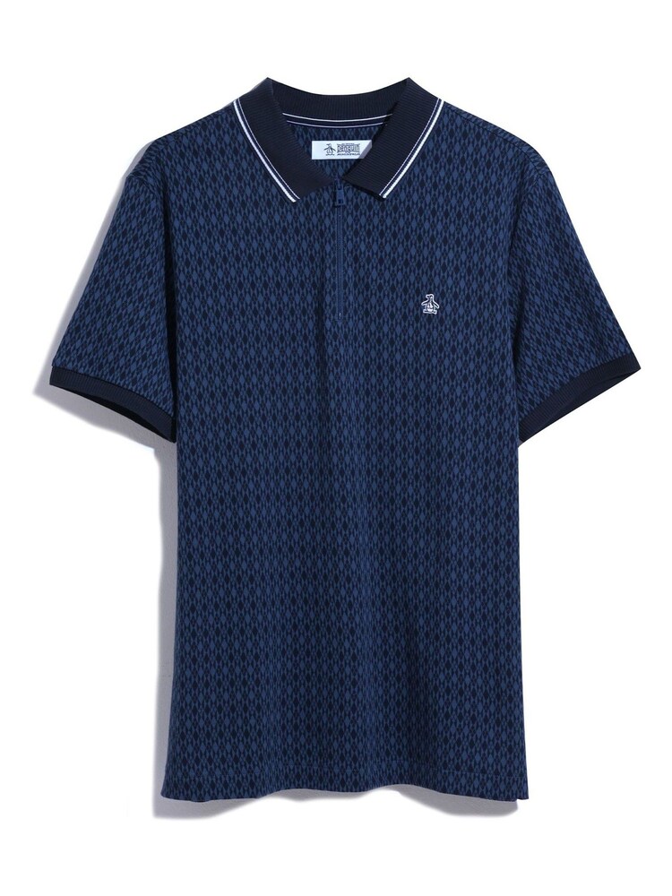 Original Penguin Blue Argyle Jacquard Quarter Zip Neck 100% Cotton Polo Shirt in Sargasso Sea - Image 4 of 4 Original Penguin Blue Argyle Jacquard Quarter Zip Neck 100% Cotton Polo Shirt in Sargasso Sea - Image 4 of 4