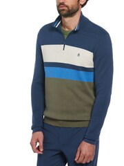 Original Penguin Green Quarter Zip Chest Stripe 100% Cotton Polo Collar Sweater - Image 1 of 4