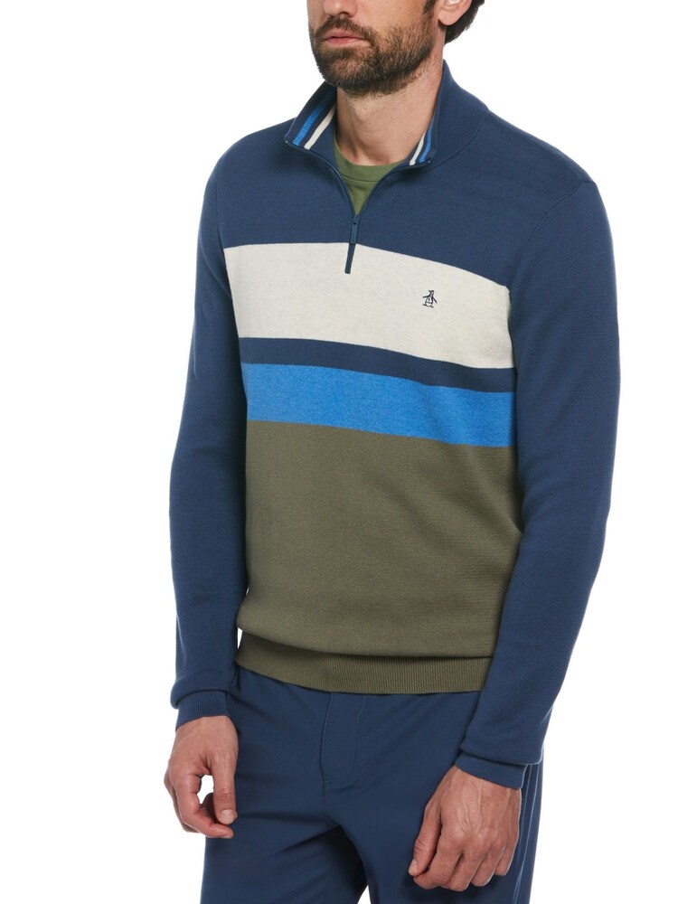 Original Penguin Green Quarter Zip Chest Stripe 100% Cotton Polo Collar Sweater - Image 1 of 4