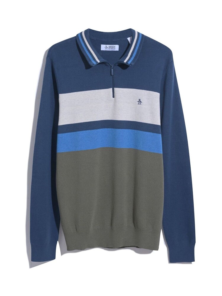 Original Penguin Green Quarter Zip Chest Stripe 100% Cotton Polo Collar Sweater - Image 4 of 4