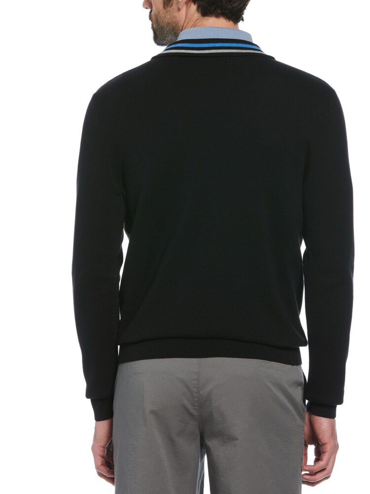 Original Penguin Quarter Zip Chest Stripe Polo Collar 100% Cotton Black Sweater - Image 2 of 4