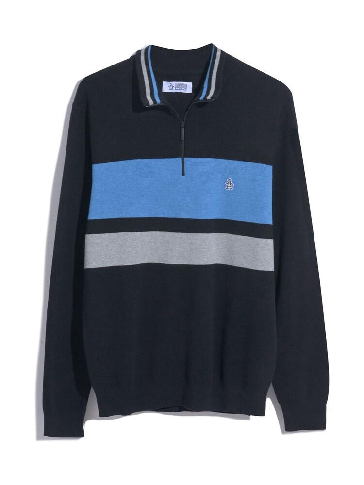 Original Penguin Quarter Zip Chest Stripe Polo Collar 100% Cotton Black Sweater - Image 4 of 4