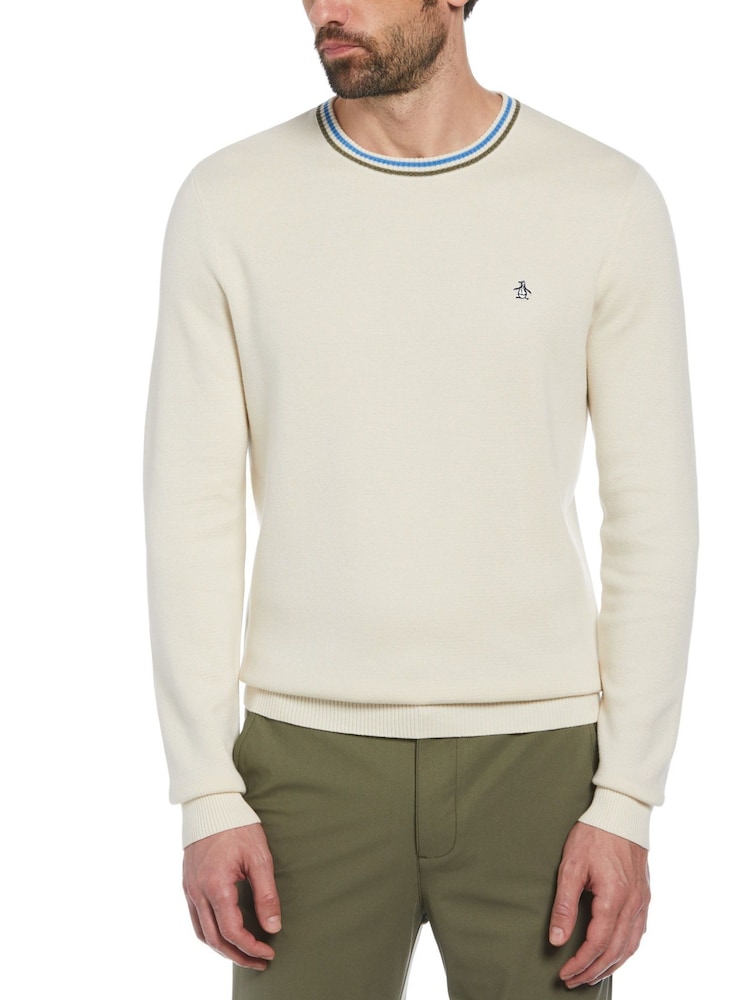 Original Penguin Natural Tipped Crew Neck 100% Cotton Sweater in Birch - Image 1 of 1