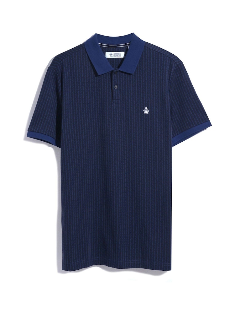 Original Penguin Blue Mini Geo Print Jacquard 100% Cotton Polo Shirt in Medieval - Image 4 of 4