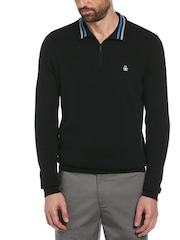 Original Penguin Quarter Zip Tipped Polo Collar 100% Cotton Black Sweater - Image 1 of 4