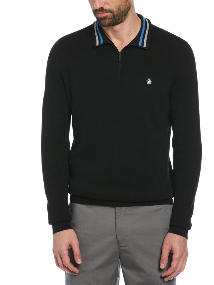 Original Penguin Quarter Zip Tipped Polo Collar 100% Cotton Black Sweater - Image 1 of 4