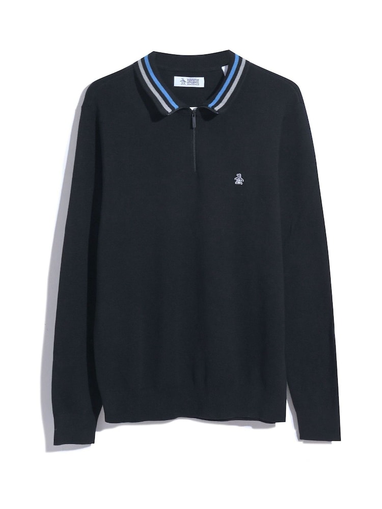 Original Penguin Quarter Zip Tipped Polo Collar 100% Cotton Black Sweater - Image 4 of 4