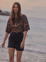 Noir/Tan - Coupe décontractée Boxy 100% Cotton Slouch Shoulder T-shirt - Image 2 of 7