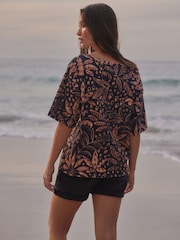 Noir/Tan - Coupe décontractée Boxy 100% Cotton Slouch Shoulder T-shirt - Image 3 of 7