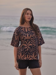 Noir/Tan - Coupe décontractée Boxy 100% Cotton Slouch Shoulder T-shirt - Image 4 of 7