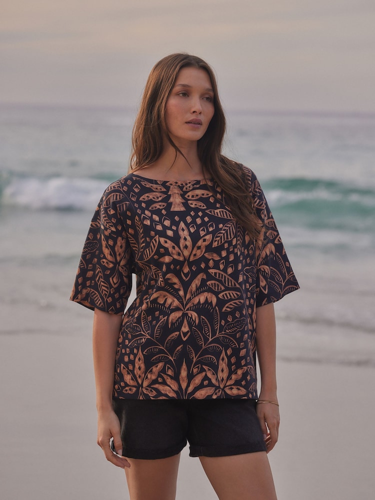 Noir/Tan - Coupe décontractée Boxy 100% Cotton Slouch Shoulder T-shirt - Image 4 of 7