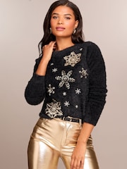 Lipsy Black Snowflake Christmas Slogan Crew Neck Knitted Jumper - Image 2 of 4