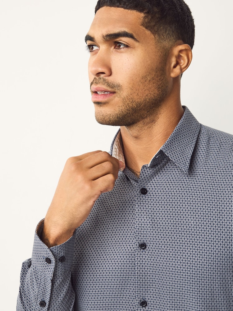 Navy Regular Fit Long Sleeve Single Cuff Cotton Rich Trimmed Textured Shirt - Image 1 of 7 Navy Regular Fit Long Sleeve Single Cuff Cotton Rich Trimmed Textured Shirt - Image 1 of 7