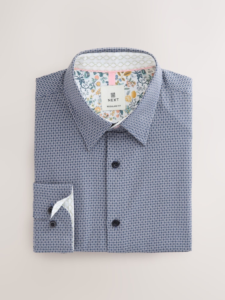 Navy Regular Fit Long Sleeve Single Cuff Textured Shirt - Image 5 of 7
