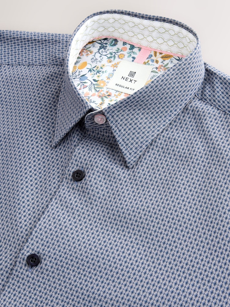 Navy Regular Fit Long Sleeve Single Cuff Textured Shirt - Image 6 of 7