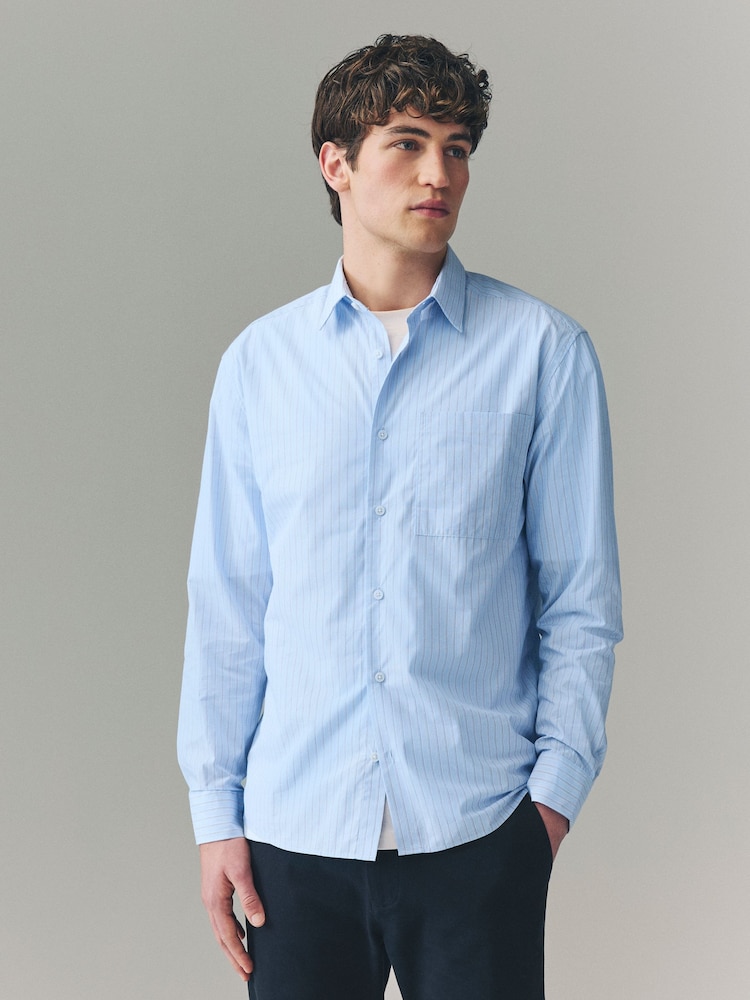 Light Blue Stripe 100% Cotton Relaxed Fit Long Sleeve Shirt - Image 3 of 7
