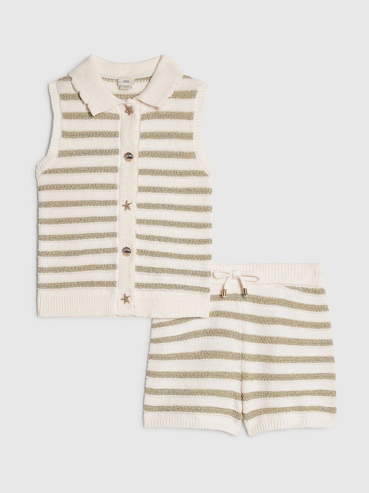 River Island Cream Stripe Button Waistcoat & Short Set - Image 1 of 5