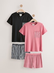 Black/Pink Stripe Short Sleeve 100% Cotton Pyjama Sets 2 Pack - Image 1 of 11