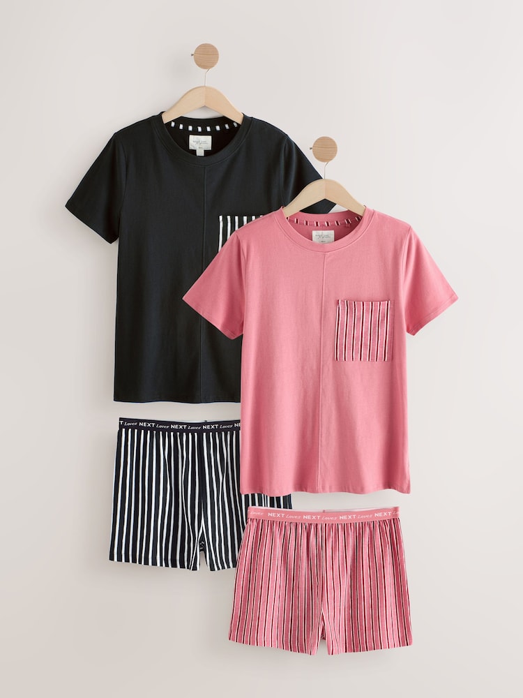 Schwarz/Pink, Streifen - Kurzarm Pyjama-Sets aus 100 % Baumwolle im 2er-Pack - Bild 1 von 11 Schwarz/Pink, Streifen - Kurzarm Pyjama-Sets aus 100 % Baumwolle im 2er-Pack - Bild 1 von 11