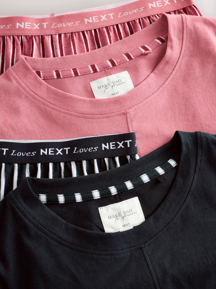 Black/Pink Stripe Short Sleeve 100% Cotton Pyjama Sets 2 Pack - Image 10 of 11