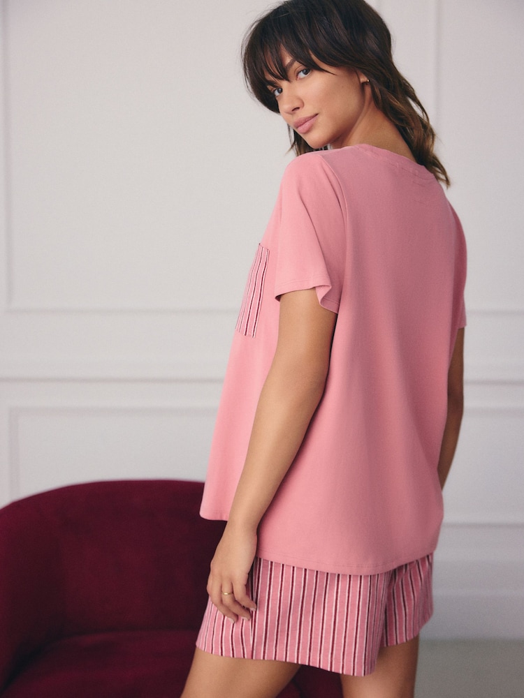 Black/Pink Stripe Short Sleeve 100% Cotton Pyjama Sets 2 Pack - Image 3 of 11