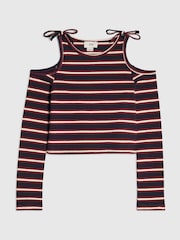 River Island Blue Stripe Cold Shoulder T-Shirt - Image 1 of 4