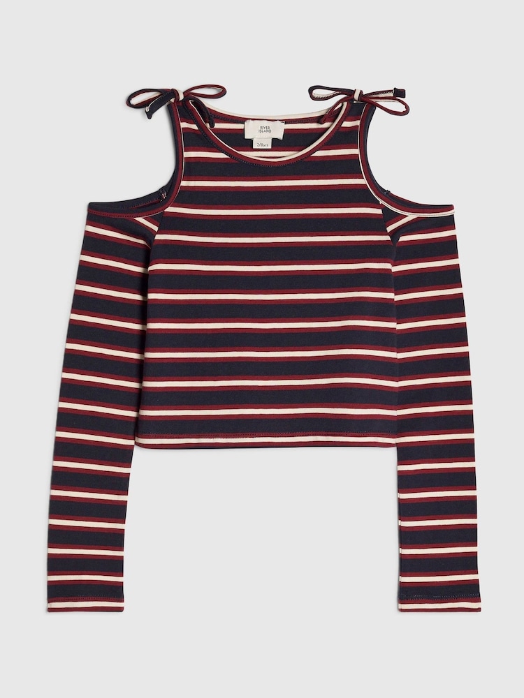 River Island Blue Stripe Cold Shoulder T-Shirt - Image 1 of 4 River Island Blue Stripe Cold Shoulder T-Shirt - Image 1 of 4