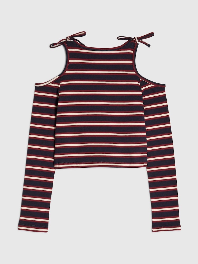 River Island Blue Stripe Cold Shoulder T-Shirt - Image 2 of 4 River Island Blue Stripe Cold Shoulder T-Shirt - Image 2 of 4