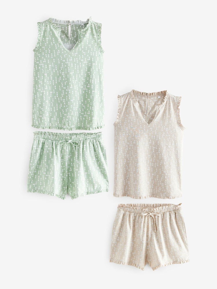 Green/Oatmeal Spot Frill Vest Short Set Pyjamas 2 pack - Image 1 of 13