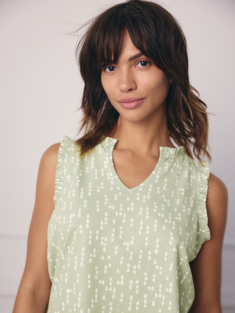 Sage Green Spot 100% Cotton Frill Vest Short Set Pyjamas - Image 4 of 9