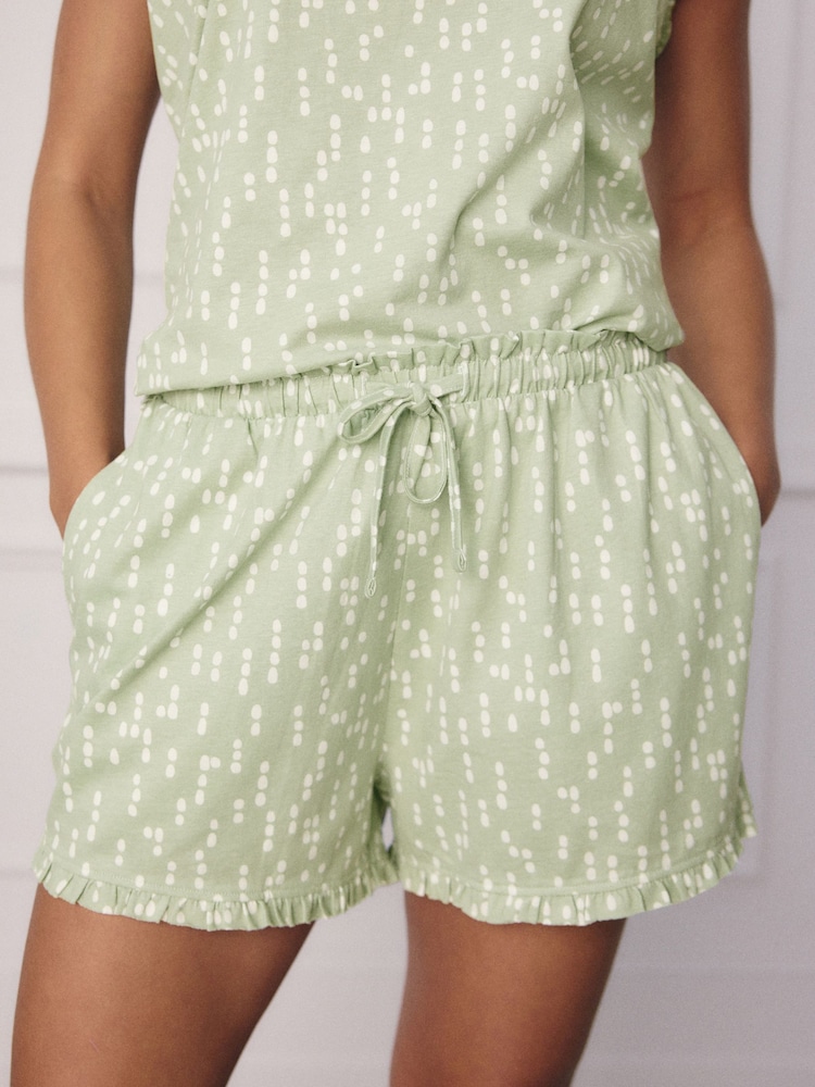 Sage Green Spot 100% Cotton Frill Vest Short Set Pyjamas - Image 6 of 9