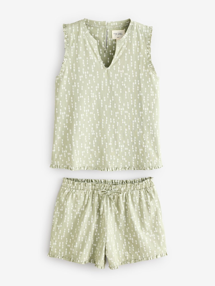 Sage Green Spot 100% Cotton Frill Vest Short Set Pyjamas - Image 7 of 9