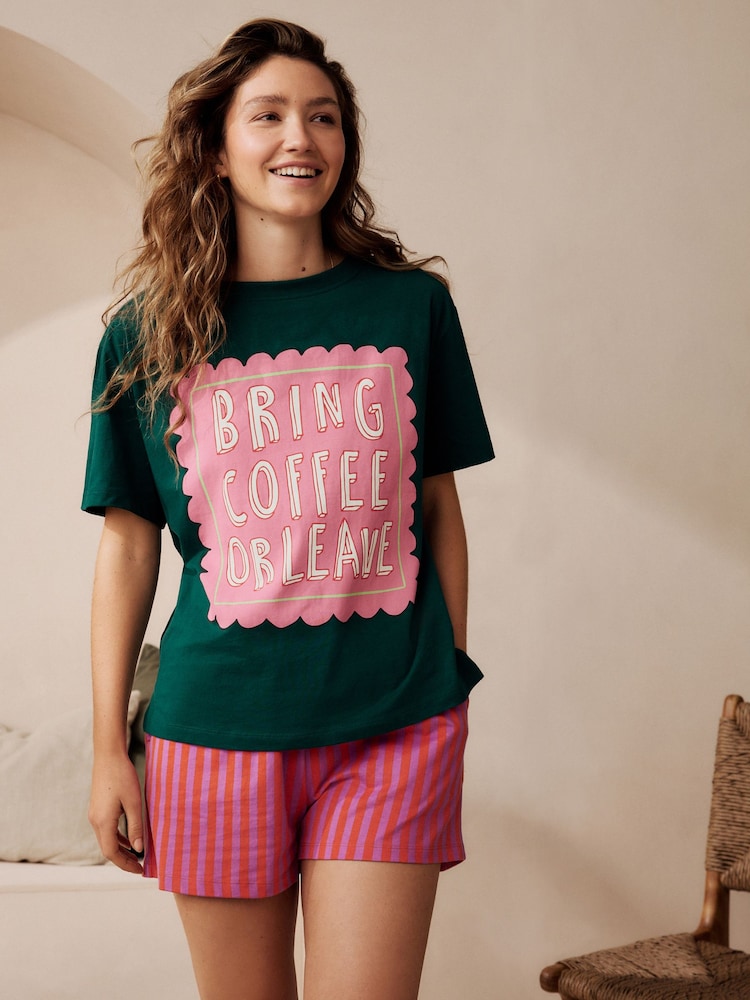 Green Coffee 100% Cotton Graphic Short Sleeve Pyjamas - Image 4 of 10