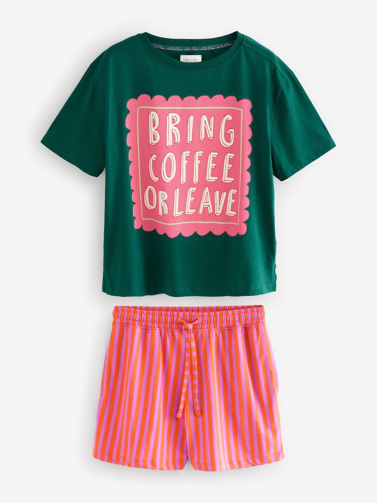 Green Coffee 100% Cotton Graphic Short Sleeve Pyjamas - Image 6 of 10
