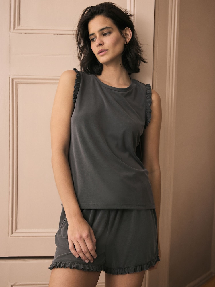 Charcoal Grey Modal Blend Frill Short Set Pyjamas - Image 1 of 10