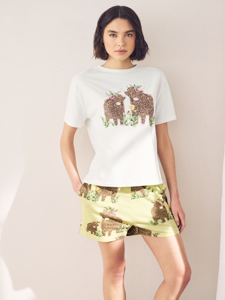 Cream/Green Hamish the Highland Cow 100% Cotton Short Sleeve Pyjamas - Image 1 of 10