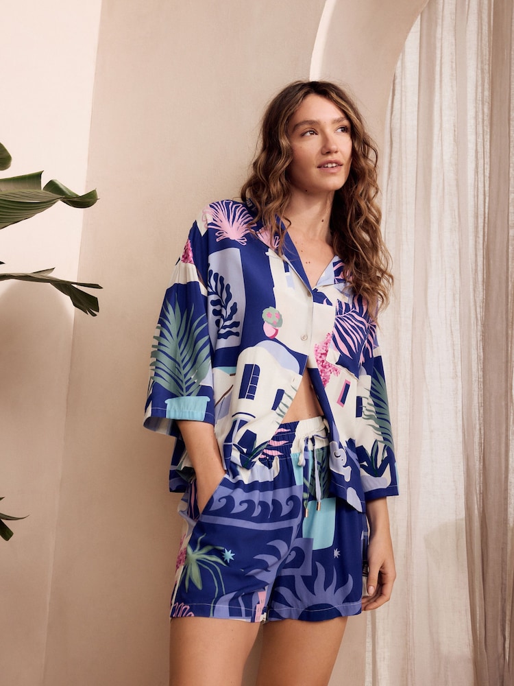 Blue Houses Button Through Short Set Pyjamas - Image 1 of 11