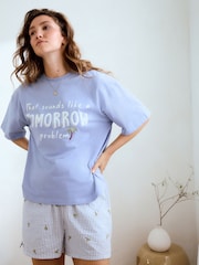 Azul con palmeras - Conjunto de pijama corto de algodón 100 % texturizado - Imagen 1 de 15