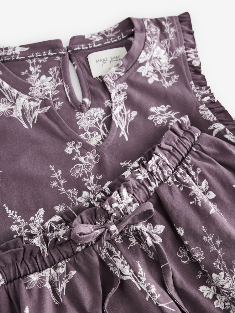 Purple Floral 100% Cotton Frill Vest Short Set Pyjamas - Image 10 of 11
