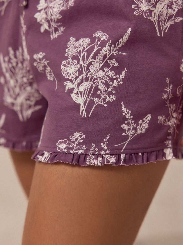 Purple Floral 100% Cotton Frill Vest Short Set Pyjamas - Image 4 of 11