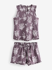 Purple Floral 100% Cotton Frill Vest Short Set Pyjamas - Image 7 of 11