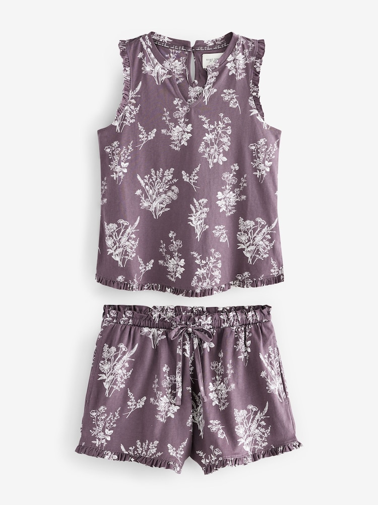 Purple Floral 100% Cotton Frill Vest Short Set Pyjamas - Image 7 of 11