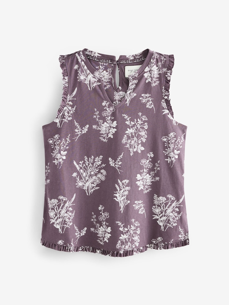 Purple Floral 100% Cotton Frill Vest Short Set Pyjamas - Image 8 of 11