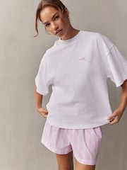 self. Ecru/Pink Stripe 100% Cotton Short Set Pyjamas - Image 4 of 12