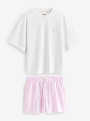 self. Ecru/Pink Stripe 100% Cotton Short Set Pyjamas - Image 7 of 12