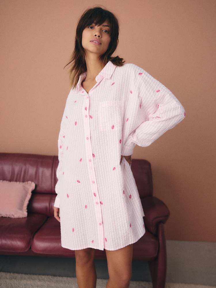 Pink Lips 100% Cotton Textured Nightshirt - Image 1 of 5