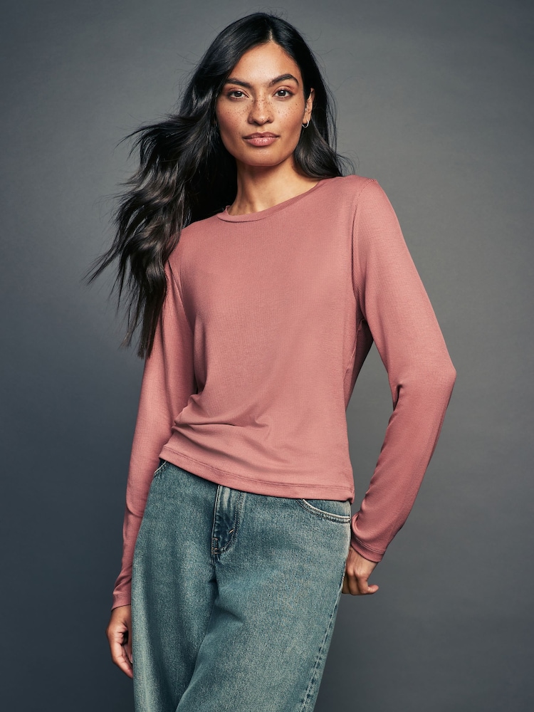Pink Soft Touch Ribbed Long Sleeve T-Shirt with TENCEL™ Lyocell - Image 1 of 7
