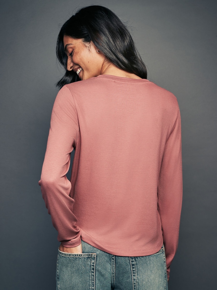 Pink Soft Touch Ribbed Long Sleeve T-Shirt with TENCEL™ Lyocell - Image 3 of 7